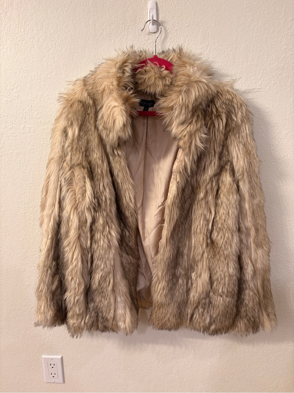 Topshop Faux Fur Coat in Beige-Taupe Blend - Size US 12